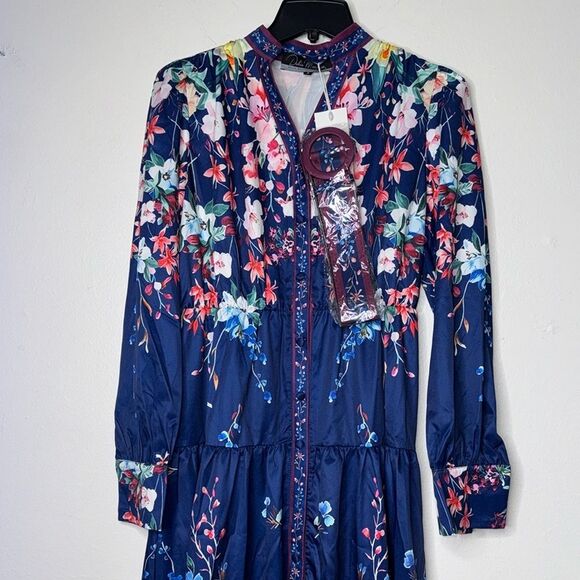 Dalia MacPhee Dress Large Black Pink Floral Button-Front Long Sleeve midi Size S - Picture 13 of 14
